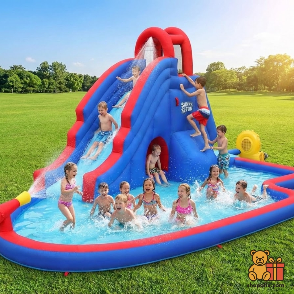 Sunny & Fun Deluxe Inflatable Water Slide Park & Splash Pool with Tunnel