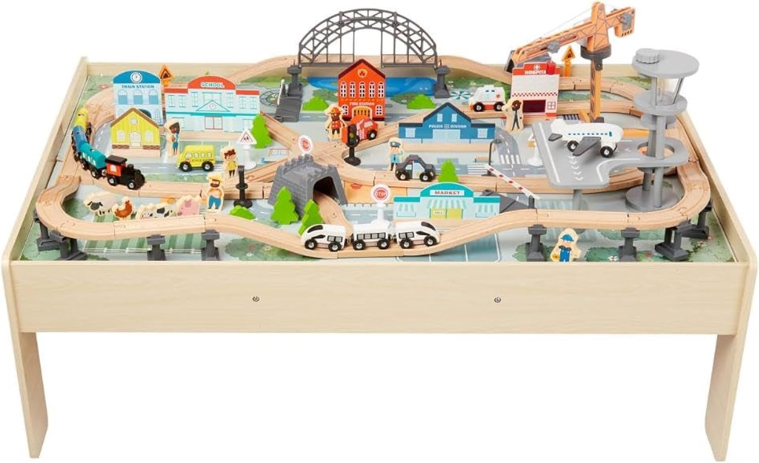 Amazon Basics 120 Piece Wooden Train Set - Train Tables Toys for Kids