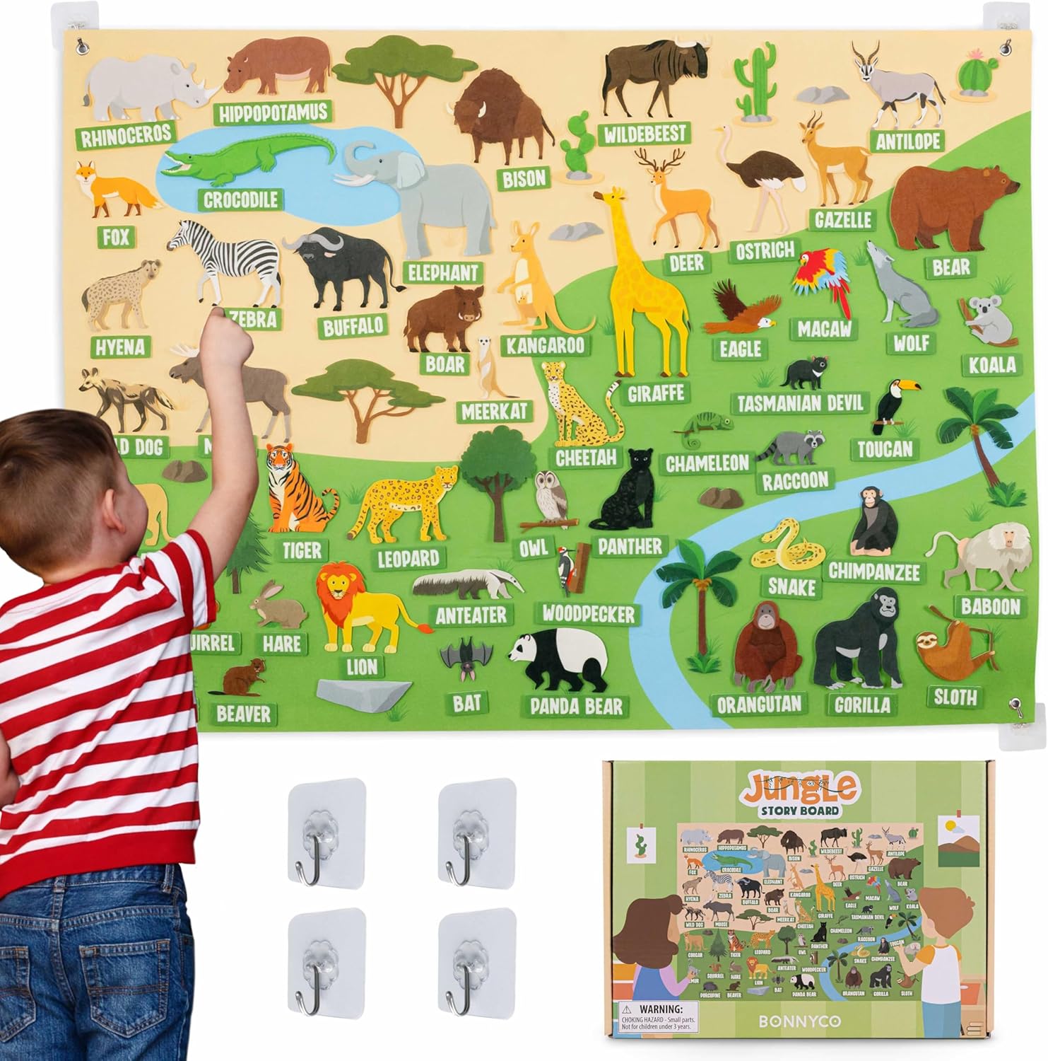 BONNYCO Felt Board for Toddlers with 116 Jungle Animals Figures - Zookeeper Toys for Kids