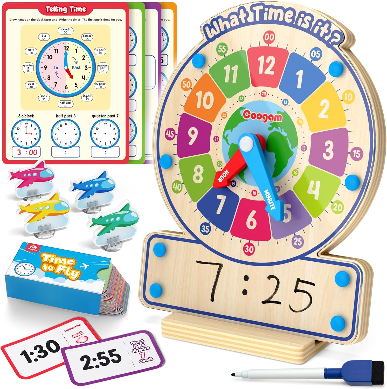 Coogam Wooden Clock Teaching Time Toy, Analog Digital Clock - Teacher Toys for Kids