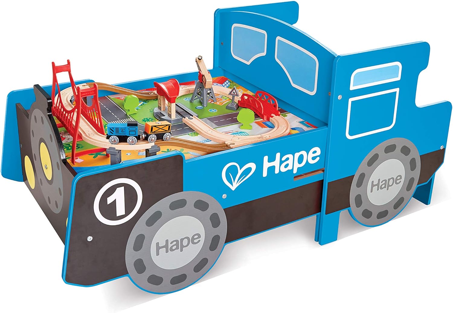 Hape Wooden Blue Foldable Ride-on Train Table - Train Tables Toys for Kids