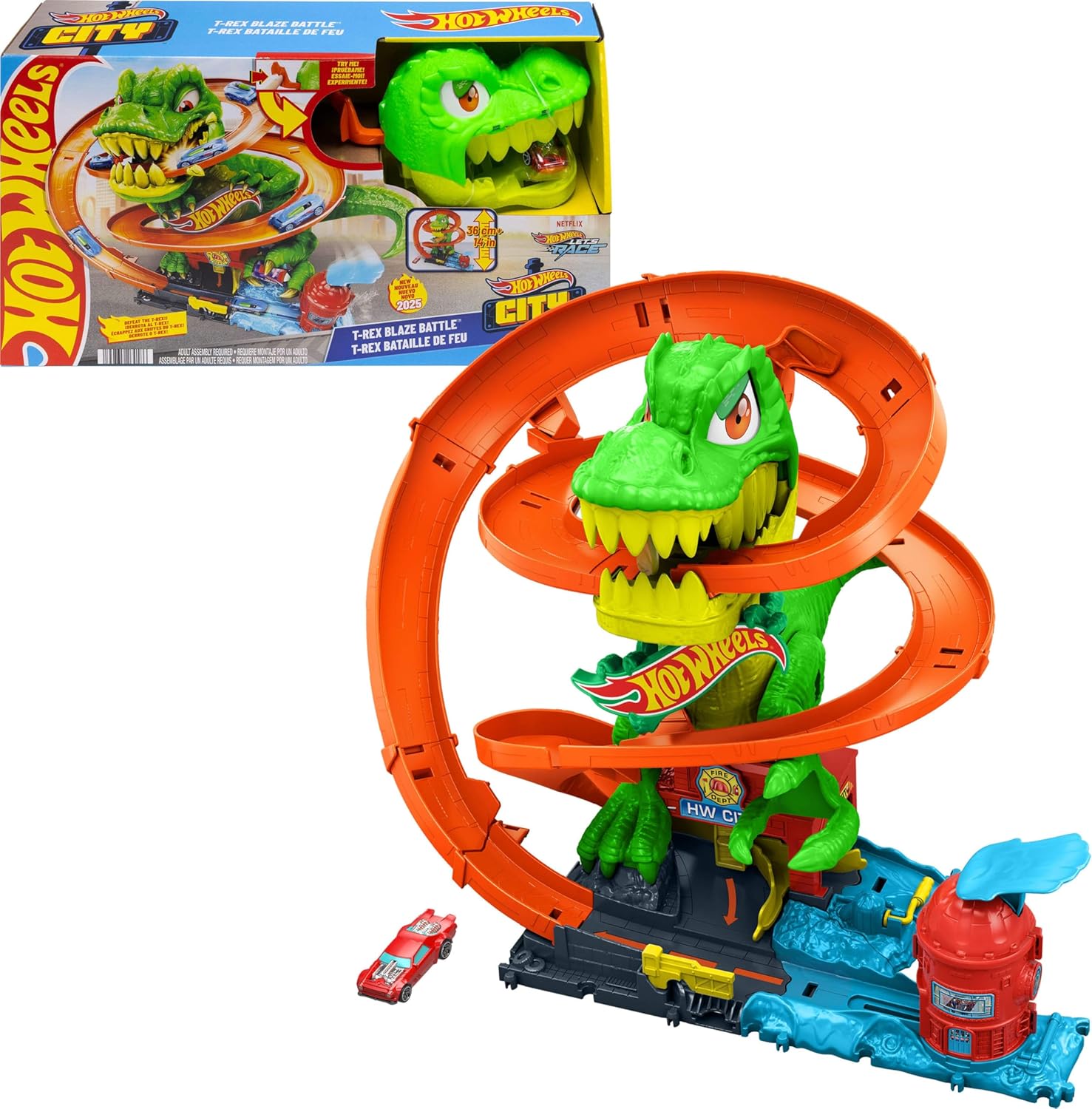 Hot Wheels Toy Car Track Set City T-Rex Blaze Battle