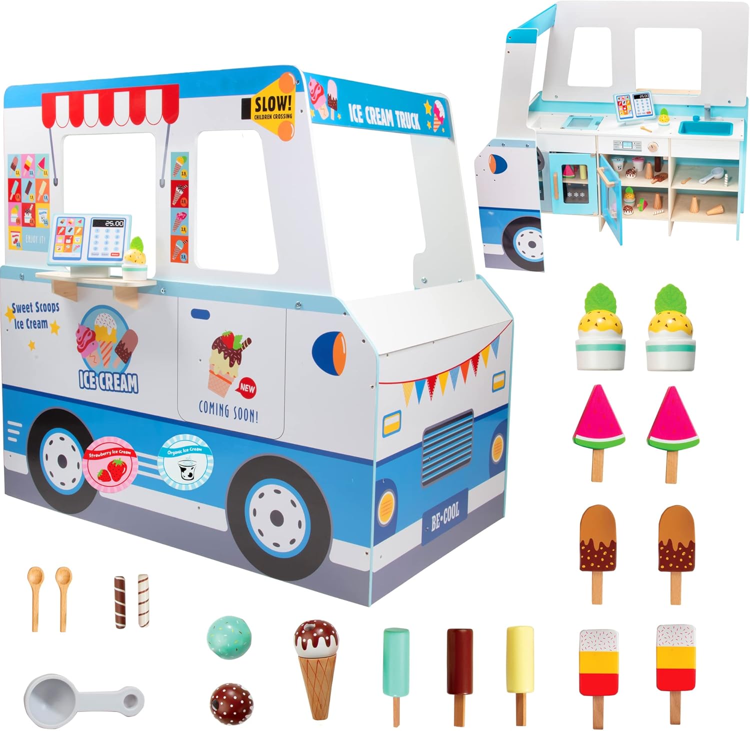 Ice Cream Truck Wooden Playset - Ice Cream Shop Owner Toys