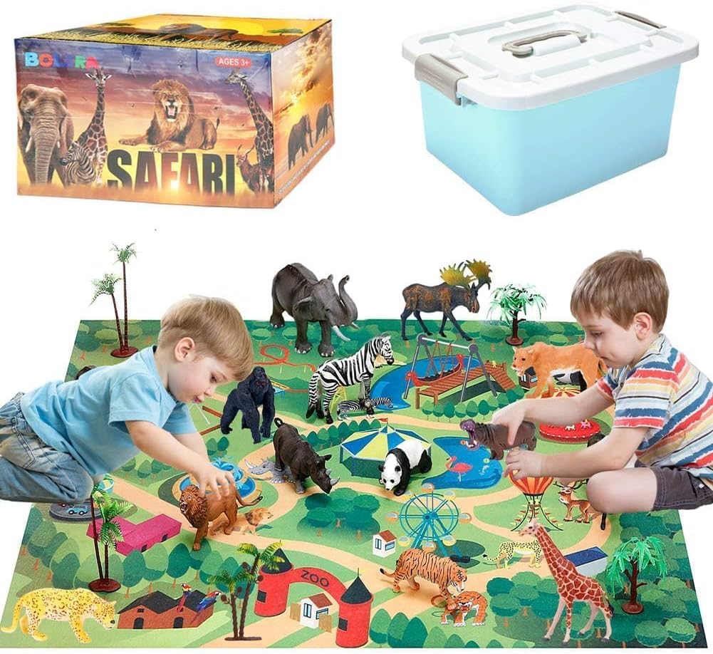 Safari Animals Figures with Activity Play Mat and Storage Box - Zookeeper Toys for Kids
