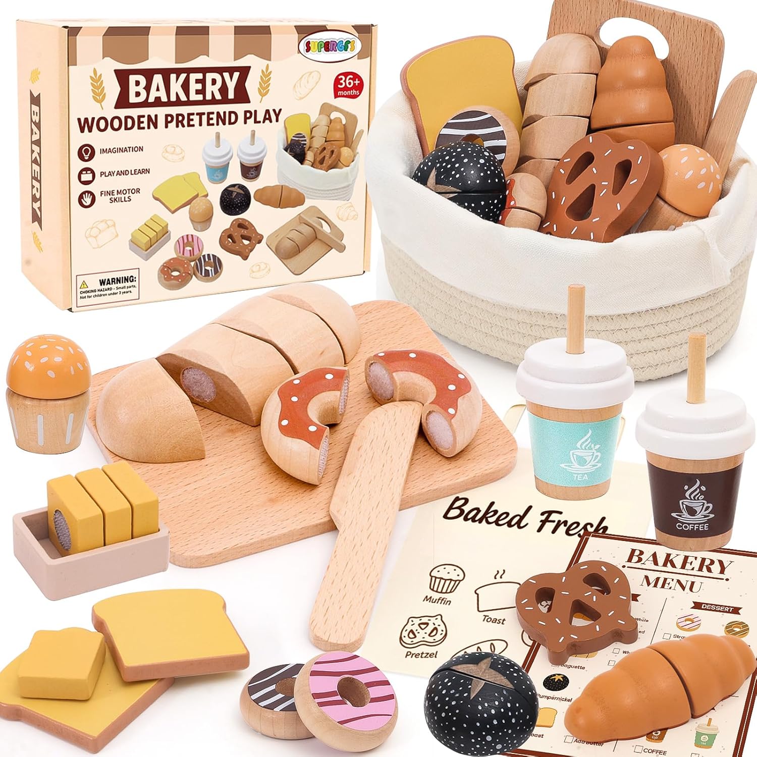 Wooden Bakery Playset Food Toys - Baker Toys for Kids
