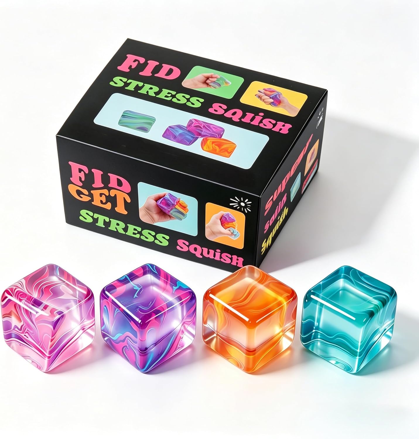 4 Pack Fidget Toys Mini Squishy Stress Cube - Ice Cube Squishy Toy for Kids and Adult