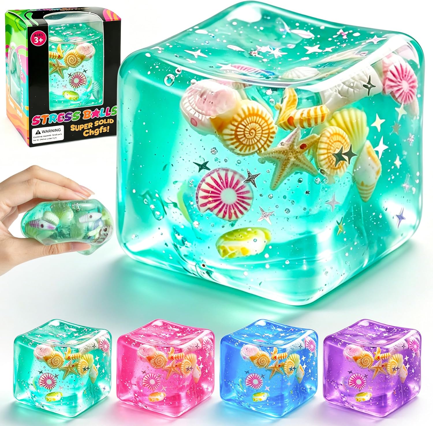 Ice Cube Squishy Stress Balls Slow Rising Sensory Fidget Toy with Marine Shells Inside - Ice Cube Squishy Toy for Kids and Adult