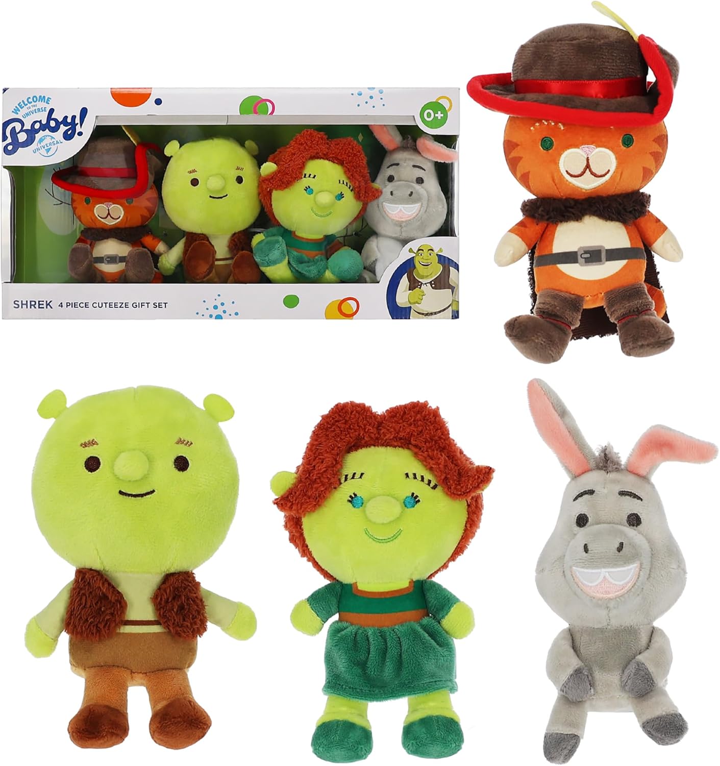 Shrek, Fiona, Donkey, and Puss in Boots Plush Kids Preferred Shrek Cuteeze 4 Piece Set