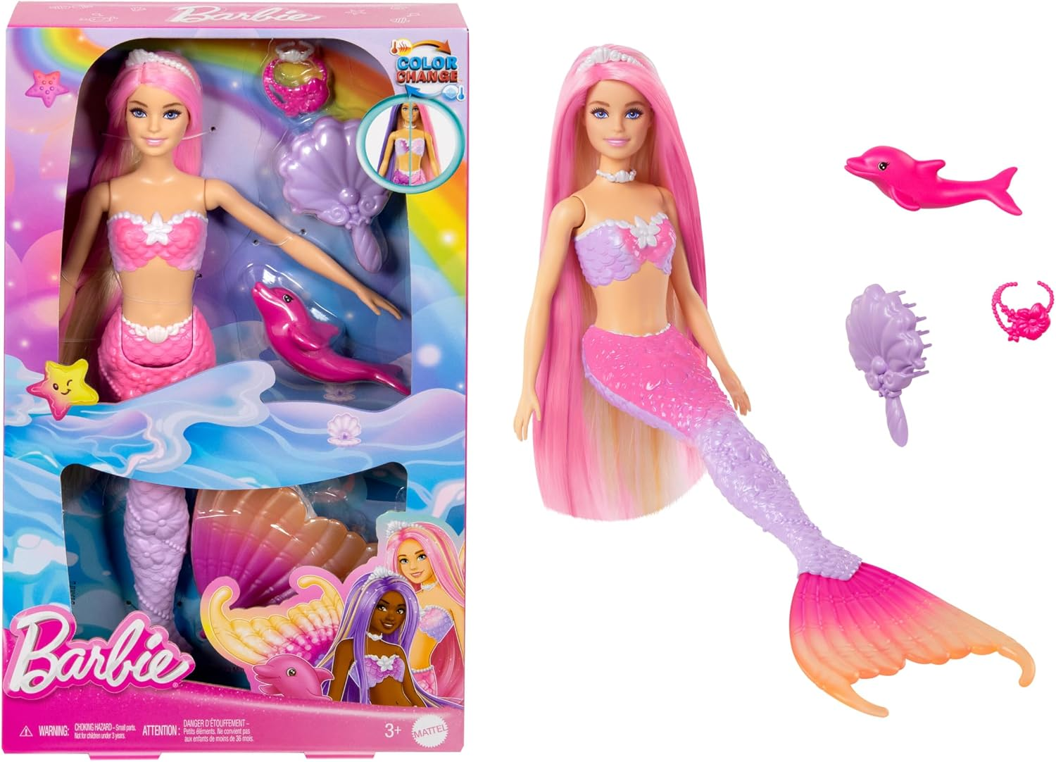 Barbie Mermaid Doll, Malibu with Pink Hair and Pet Dolphin